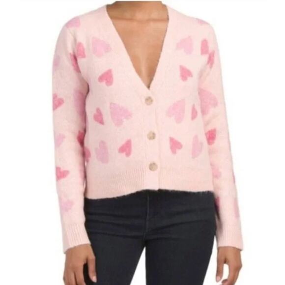 Cupcakes and Cashmere Pink Heart Fuzzy Knit Cardigan XS Valentine's Pastel Cute - Picture 5 of 5